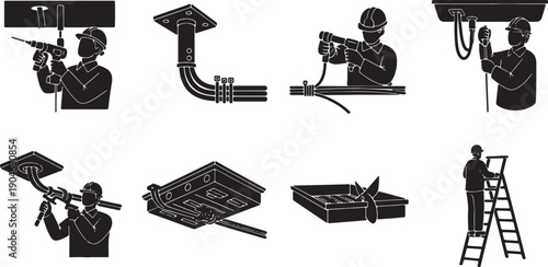 6 Black Solid Cable Tray Installation Silhouettes Set on White Background