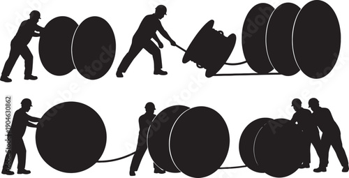 5 Black Solid Workers Rolling Cable Spools Silhouettes Set on White Background