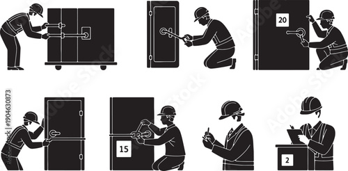 6 Black Solid Workers Checking Cargo Seals Silhouettes Set on White Background