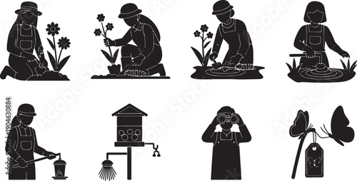 6 Black Solid Butterfly Garden Silhouettes Set on White Background