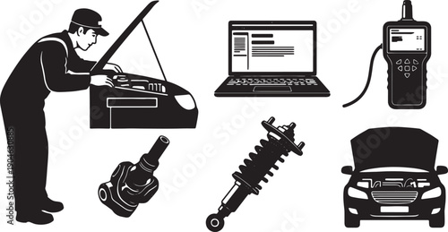 5-6 Black Solid Engine Diagnostics Silhouettes on White Background