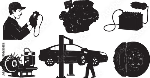 5-6 Black Solid Car Mechanics Silhouettes Set on White Background