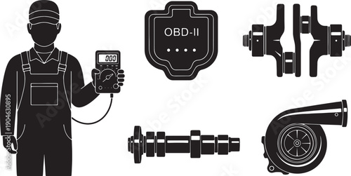 5-6 Black Solid Auto Repair Silhouettes with Engine Parts