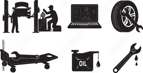 5-6 Black Solid Auto Repair Tools Silhouettes on White Background