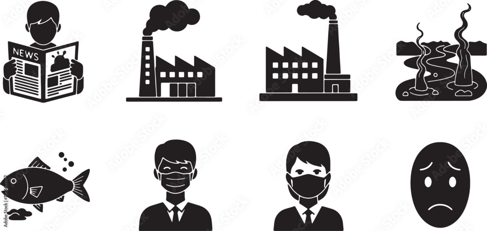 Naklejka premium 6 Black Solid Pollution Impacts Silhouettes Set on White Background