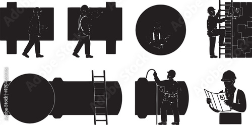 6 Black Solid Penstock Inspection Silhouettes Set on White Background