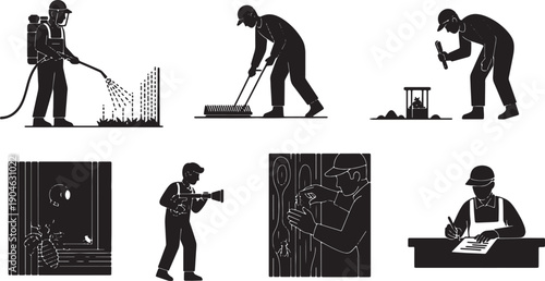 6 Black Solid Pest Control Silhouettes Set on White Background