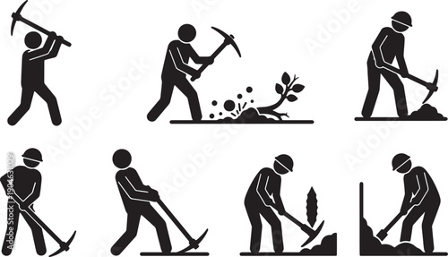 6 Black Solid Pickaxe Worker Silhouettes Set on White Background