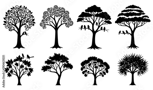 Decorative Tree Silhouette Elements with Perched Birds and Creative Canopy Designs Vector Set