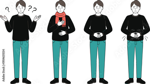 Man Experiencing Stomach Pain and Digestive Problems Illustration Set Showing Health Symptoms, Abdominal Discomfort, Medical Awareness, and Body Signals Concept