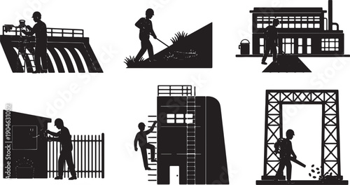 6 Black Solid Plant Exterior Maintenance Silhouettes Set on White Background