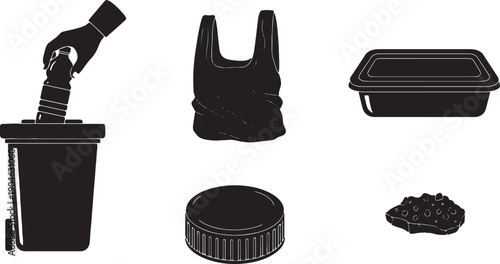 5 Black Solid Plastic Recycling Silhouettes Set on White Background