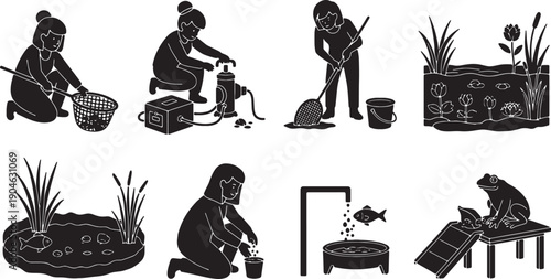 6 Black Solid Pond Care Silhouettes Set on White Background