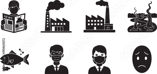 6 Black Solid Pollution Impacts Silhouettes Set on White Background