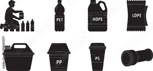 6 Black Solid Plastic Types Sorting Silhouettes Set on White Background