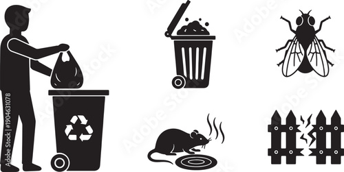 6 Black Solid Poor Waste Management Silhouettes Set on White Background