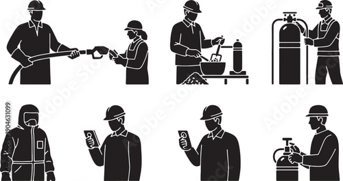 6 Black Solid Chemical Propulsion Engineer Silhouettes Set on White Background