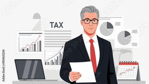 Man in suit holding papers with financial charts and graphs in vector illustration