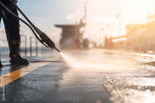 Crew Member Cleaning Ship Deck During Routine Morning Maintenance with Pressure Washer