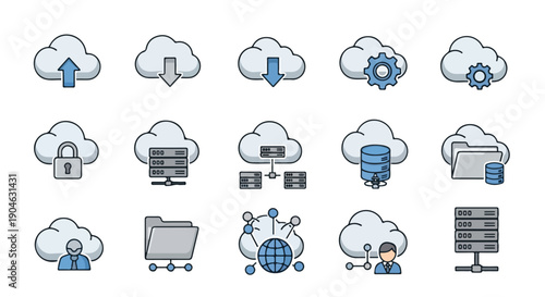 Collection of stylized cloud computing icons for data storage and sharing
