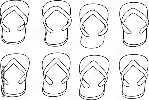 Flip flop sandal outline icon set showing multiple angles minimalist summer footwear isolated on white background vector illustration