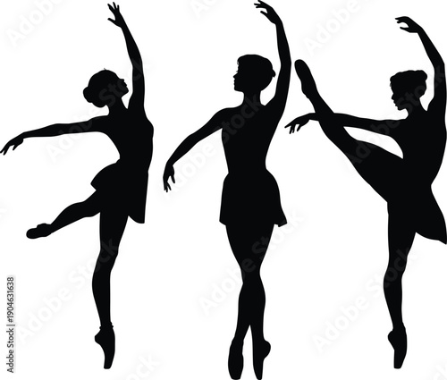 Ballet dancer silhouettes set, graceful female dance poses, classical ballet movement, elegant performance art figures, black isolated, flat vector illustration