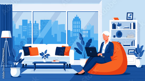 Vector illustration of a person working on laptop in a modern living room with furniture and city view