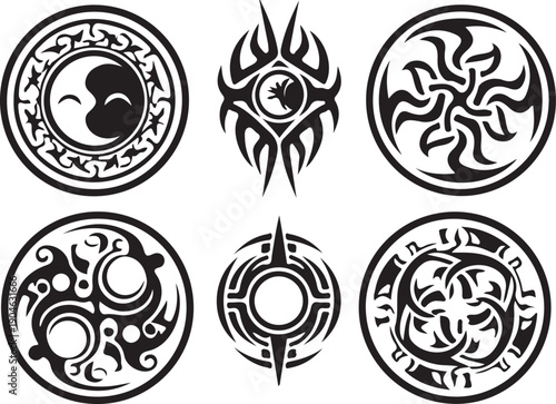 Collection of Circular and Tribal Style Symbols with Yin Yang