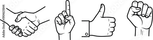 Black and white line art illustration of handshake, pointing finger, thumbs up, and closed fist gestures symbolizing communication, agreement, approval, and solidarity