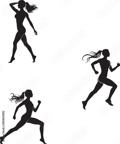 Female silhouettes in running and walking poses woman