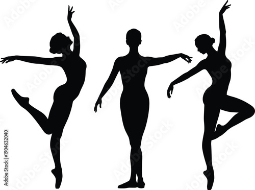 Ballet dancer silhouettes trio, graceful female ballet poses, classical dance movement, elegant performance art figures, black isolated flat vector illustration