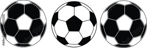 Black and white soccer ball vector icons with classic pentagon and hexagon patterns, minimalist sports illustration for design projects, education, and athletic-themed artwork