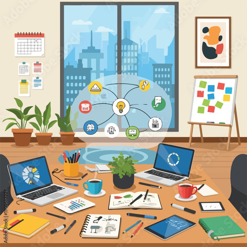 Cartoon-style office scene with desk, laptops, and a cityscape view