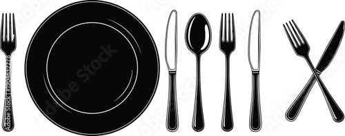 Black and white illustration of formal dining table setting with fork, knife, spoon, plate, and crossed utensils representing etiquette, restaurant, culinary, and event design