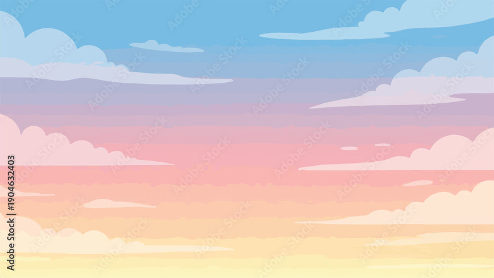 Fototapeta premium Cartoon-style sky scene with clouds in pastel sunset colors