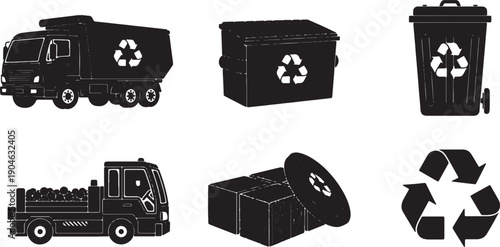 6 Black Solid Recycling Equipment Silhouettes Set on White Background