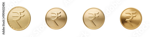 Four gold coins with embossed designs on transparent background