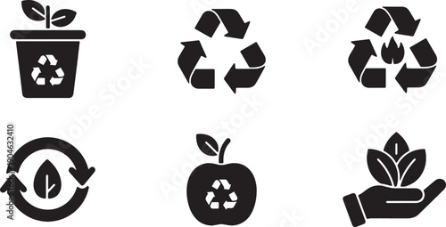 5 Black Solid Reducing Packaging Silhouettes Set on White Background