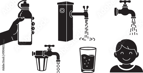 5 Black Solid Reducing Plastic Bottles Silhouettes Set on White Background