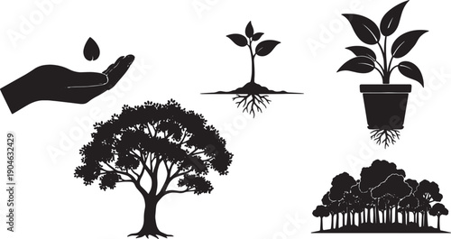 5 Black Solid Reforestation Initiative Silhouettes Set on White Background