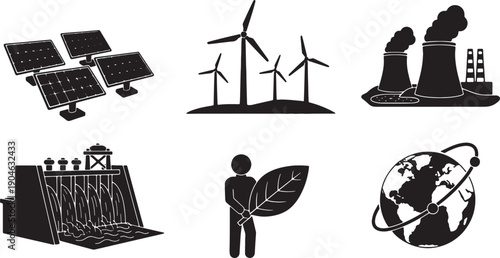 6 Black Solid Renewable Energy Silhouettes Set on White Background