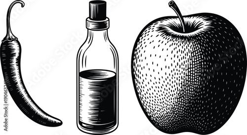 Vintage hand drawn vector illustration of chili pepper glass bottle and apple on white background.