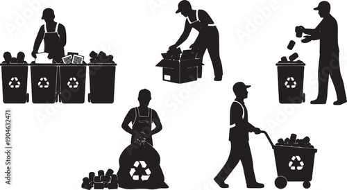 5 Black Solid Recycling Sorting Silhouettes Set on White Background