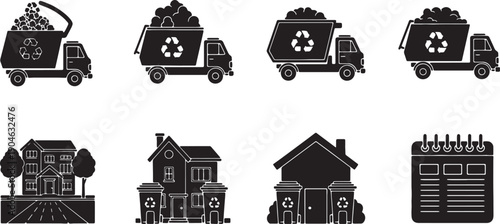 6 Black Solid Residential Waste Collection Silhouettes Set on White Background