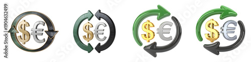 Four icons of money exchange cycles with arrows isolated on transparent background