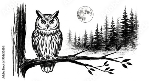 Great Horned Owl Perched on Tree Branch Under Full Moon.