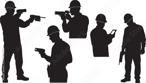 5 Black Solid Workers Using Scanning Guns Silhouettes Set on White Background
