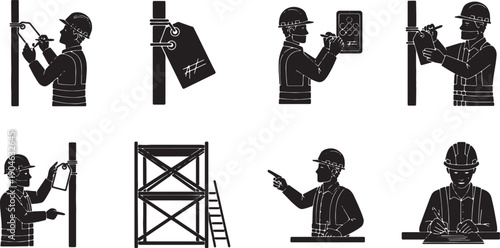 6 Black Solid Scaffold Tag Inspection Silhouettes Set on White Background