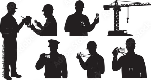 5 Black Solid Security Badge Access Silhouettes Set on White Background