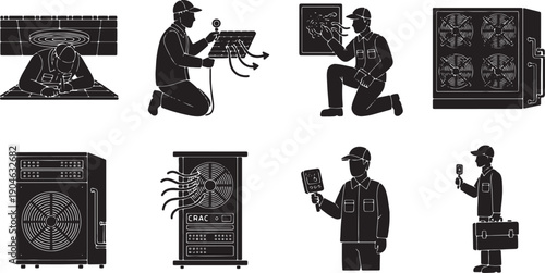 5 Black Solid Server Room Cooling Silhouettes Set on White Background